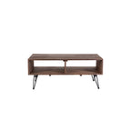 Table basse en bois recyclé avec rangement ouvert pour salon, pieds en métal, pliable, finition bois noir/naturel
