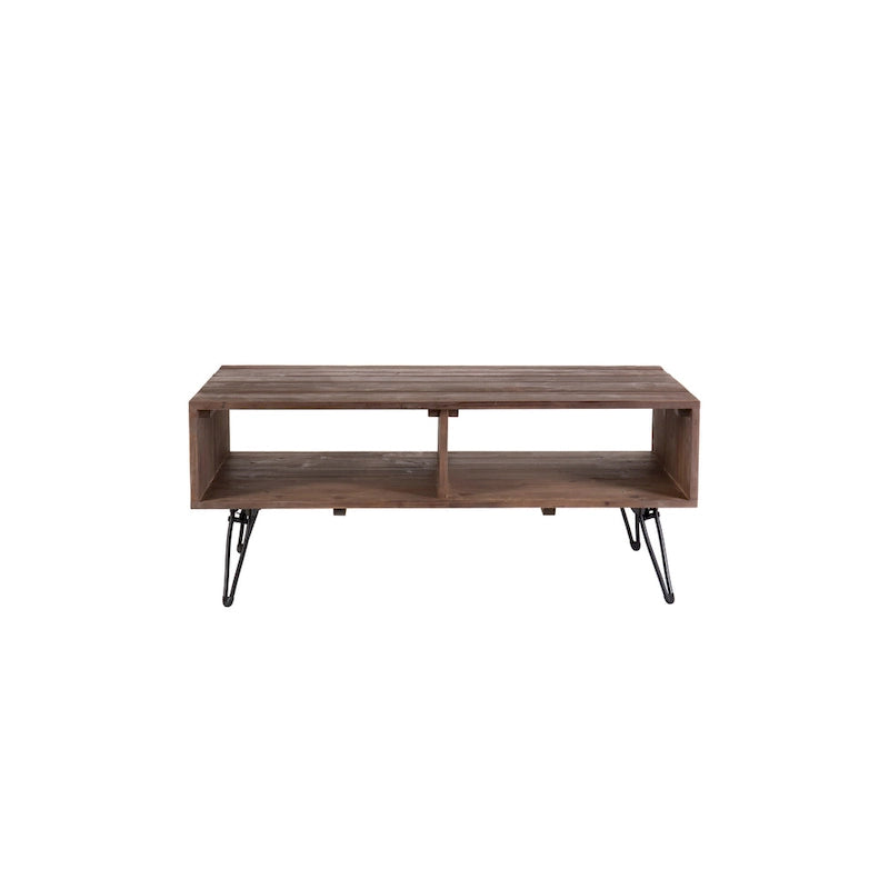Table basse en bois recyclé avec rangement ouvert pour salon, pieds en métal, pliable, finition bois noir/naturel