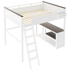 Lit mezzanine Queen Size avec bureau intégré et une boîte de rangement, cadre de lit mezzanine en bois avec étagère ouverte et station de recharge USB