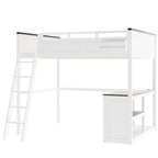 Lit mezzanine Queen Size avec bureau intégré et une boîte de rangement, cadre de lit mezzanine en bois avec étagère ouverte et station de recharge USB