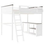 Lit mezzanine Queen Size avec bureau intégré et une boîte de rangement, cadre de lit mezzanine en bois avec étagère ouverte et station de recharge USB