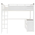 Lit mezzanine Queen Size avec bureau intégré et une boîte de rangement, cadre de lit mezzanine en bois avec étagère ouverte et station de recharge USB