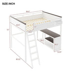 Lit mezzanine Queen Size avec bureau intégré et une boîte de rangement, cadre de lit mezzanine en bois avec étagère ouverte et station de recharge USB