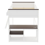 Lit mezzanine Queen Size avec bureau intégré et une boîte de rangement, cadre de lit mezzanine en bois avec étagère ouverte et station de recharge USB