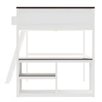 Lit mezzanine Queen Size avec bureau intégré et une boîte de rangement, cadre de lit mezzanine en bois avec étagère ouverte et station de recharge USB