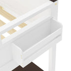 Lit mezzanine Queen Size avec bureau intégré et une boîte de rangement, cadre de lit mezzanine en bois avec étagère ouverte et station de recharge USB