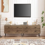 Meuble TV de rangement moderne en bois, meuble TV avec pieds en bois, quatre tiroirs larges et poignées en métal, commode de salon