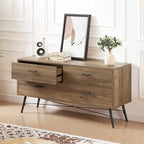 Meuble TV de rangement moderne en bois, meuble TV avec pieds en bois, quatre tiroirs larges et poignées en métal, commode de salon
