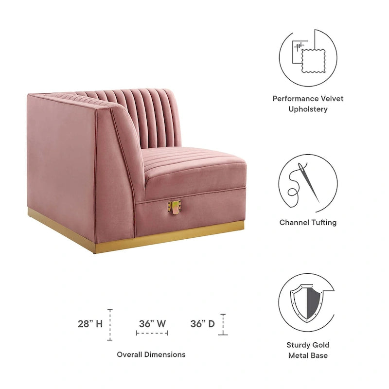 Canapé modulable en velours capitonné Sanguine Channel - Élément d'angle droit