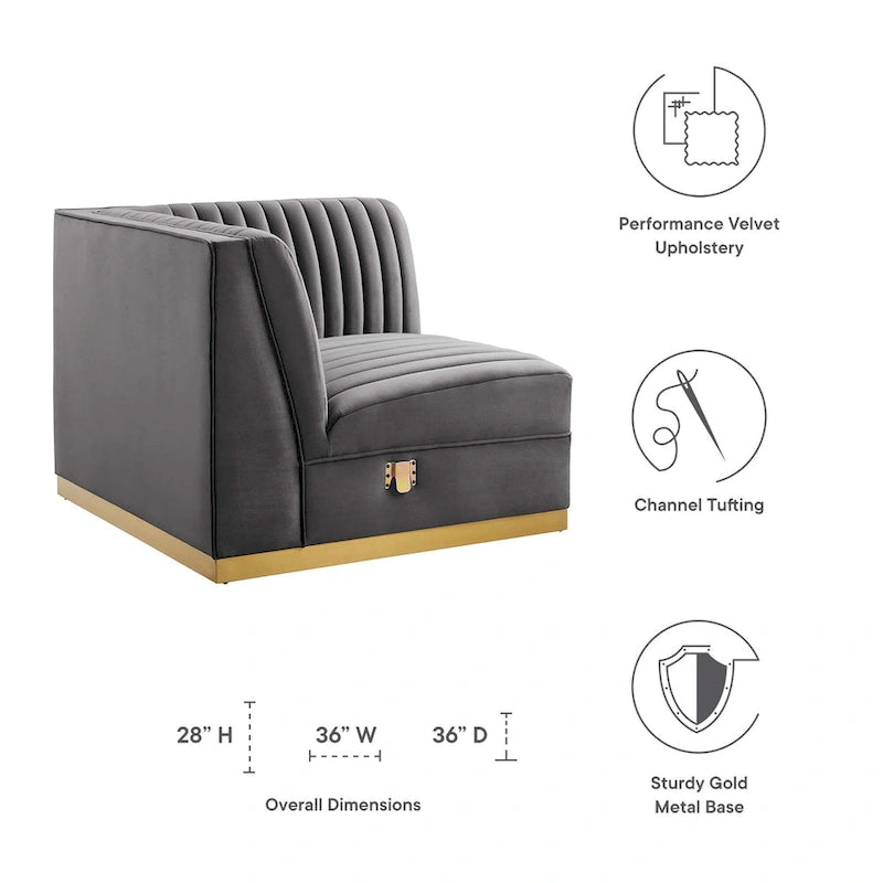 Canapé modulable en velours capitonné Sanguine Channel - Élément d'angle droit