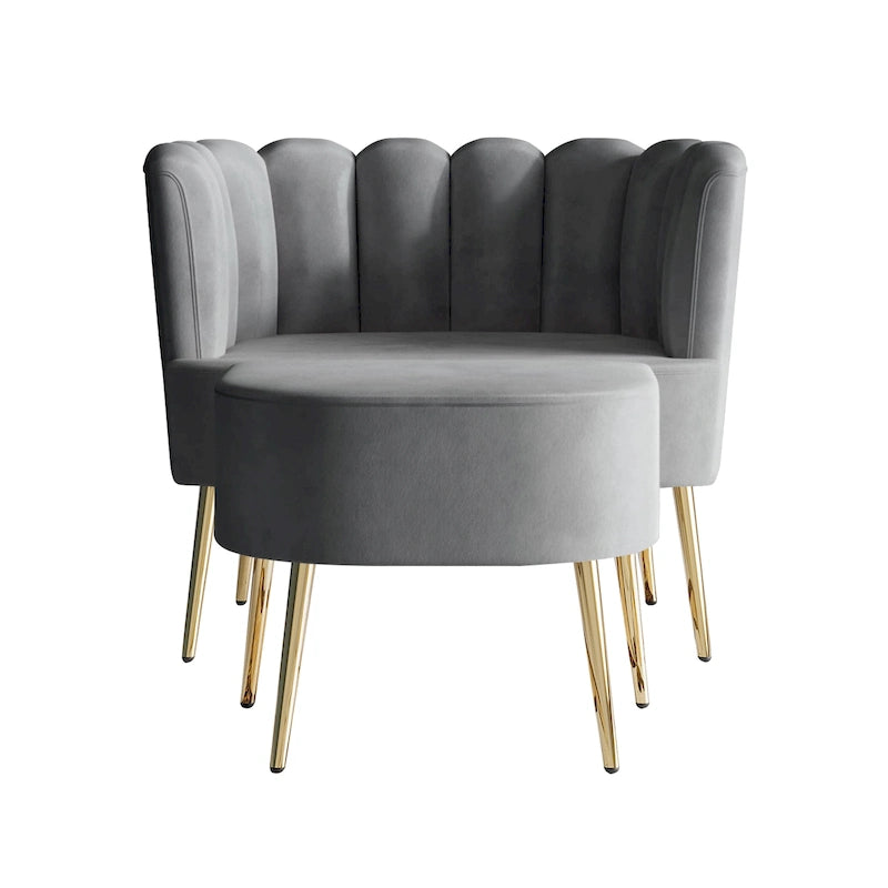 Fauteuil d'appoint luxueux en velours avec tabouret