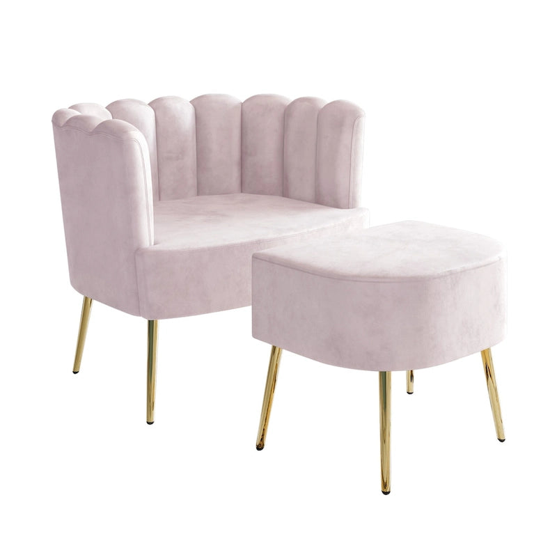 Fauteuil d'appoint luxueux en velours avec tabouret