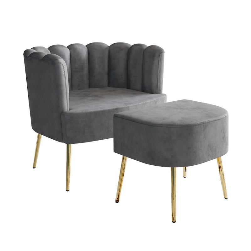 Fauteuil d'appoint luxueux en velours avec tabouret