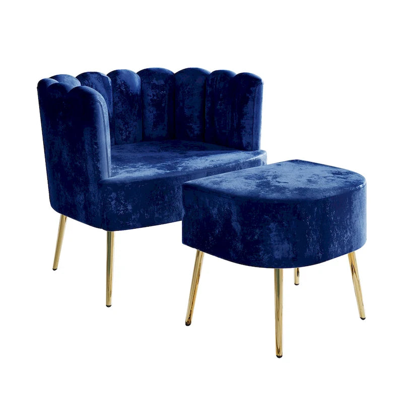 Fauteuil d'appoint luxueux en velours avec tabouret