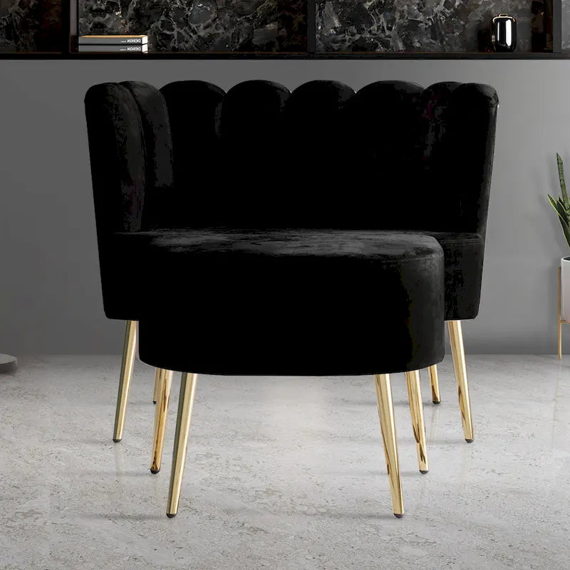 Fauteuil d'appoint luxueux en velours avec tabouret