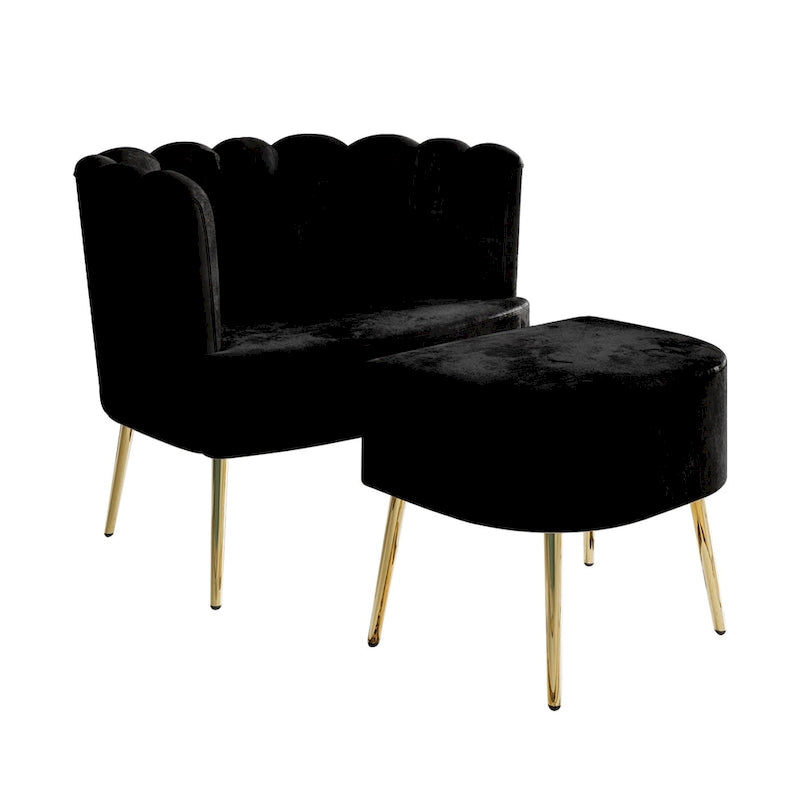 Fauteuil d'appoint luxueux en velours avec tabouret