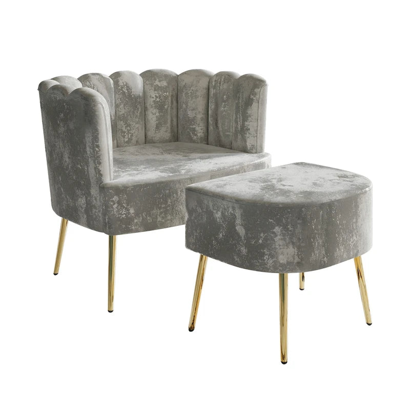 Fauteuil d'appoint luxueux en velours avec tabouret