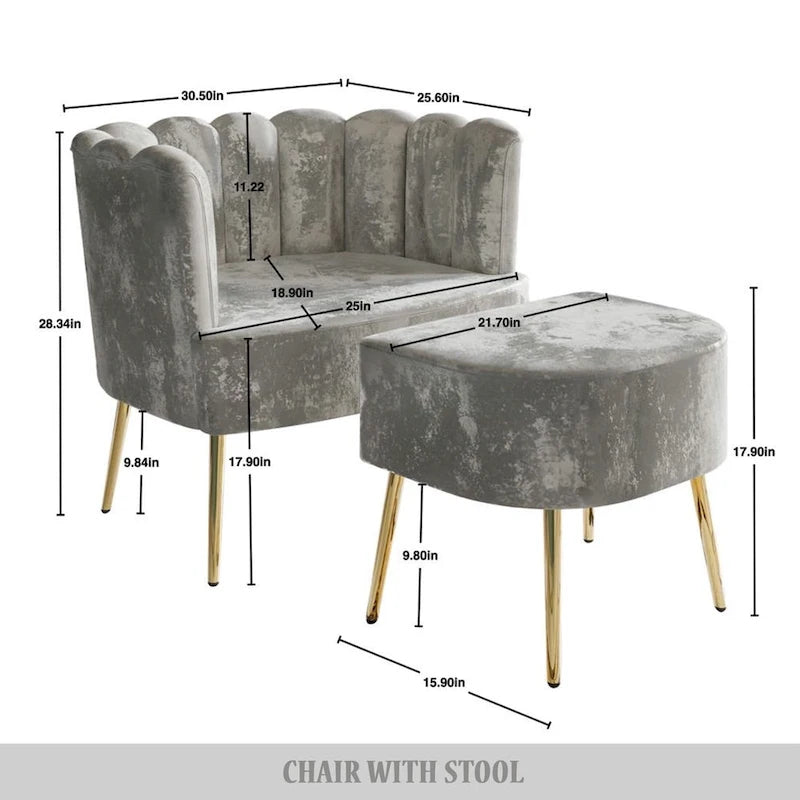 Fauteuil d'appoint luxueux en velours avec tabouret