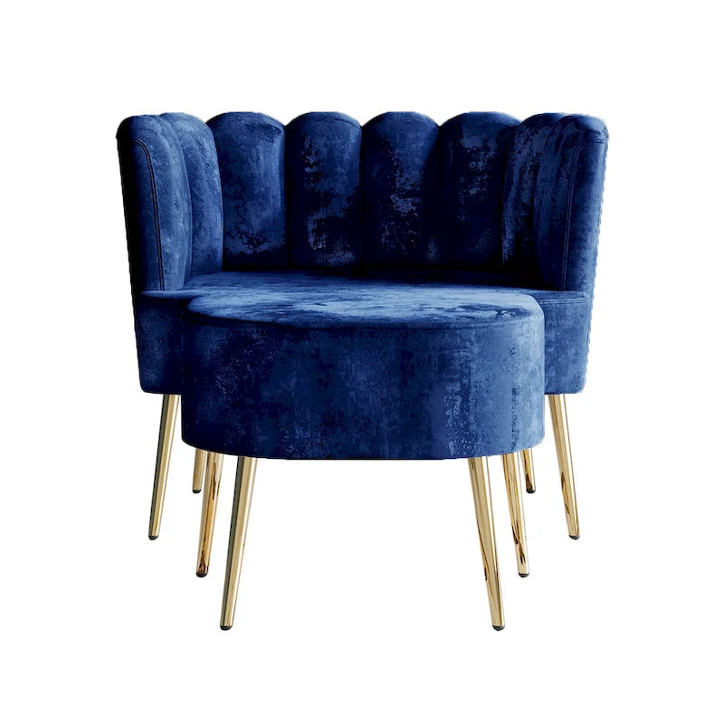 Fauteuil d'appoint luxueux en velours avec tabouret