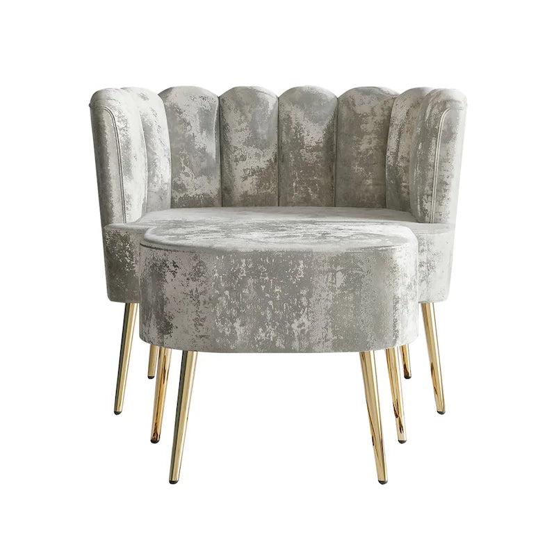 Fauteuil d'appoint luxueux en velours avec tabouret