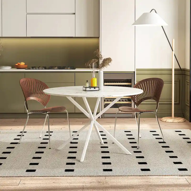 Table à manger ronde à pieds croisés, plateau amovible en deux parties