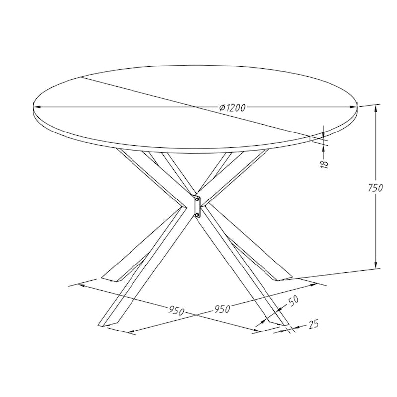 Table à manger ronde à pieds croisés, plateau amovible en deux parties