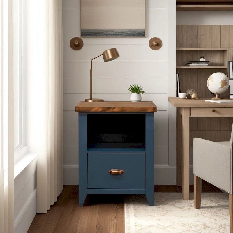 Classeur Nantucket à 1 tiroir de 22 pouces, aucun assemblage requis, denim bleu et whiskey