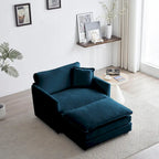 Fauteuil d'appoint moderne avec pouf, Fauteuil de salon capitonné en chenille, Fauteuil de lecture pour chambre à coucher, Chenille bleue