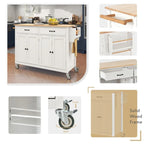 Îlot de cuisine mobile avec plateau en bois massif, 2 tiroirs et porte-serviettes, sur roulettes verrouillables