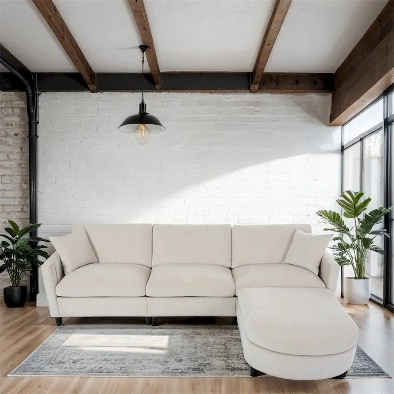 Canapé d'angle moderne en tissu 108 po avec ottoman et oreillers