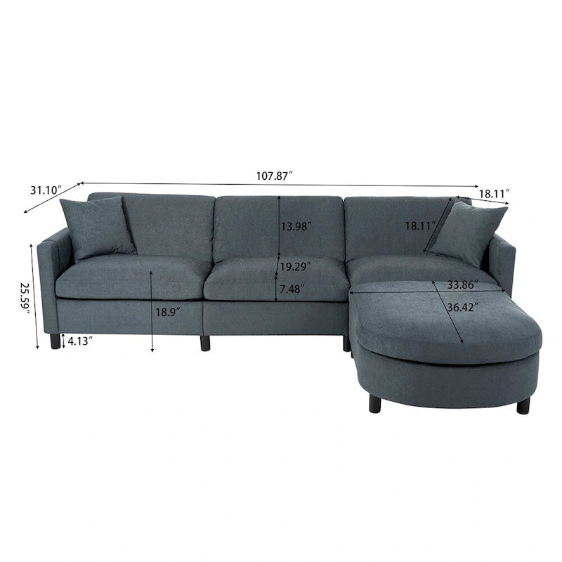 Canapé d'angle moderne en tissu 108 po avec ottoman et oreillers