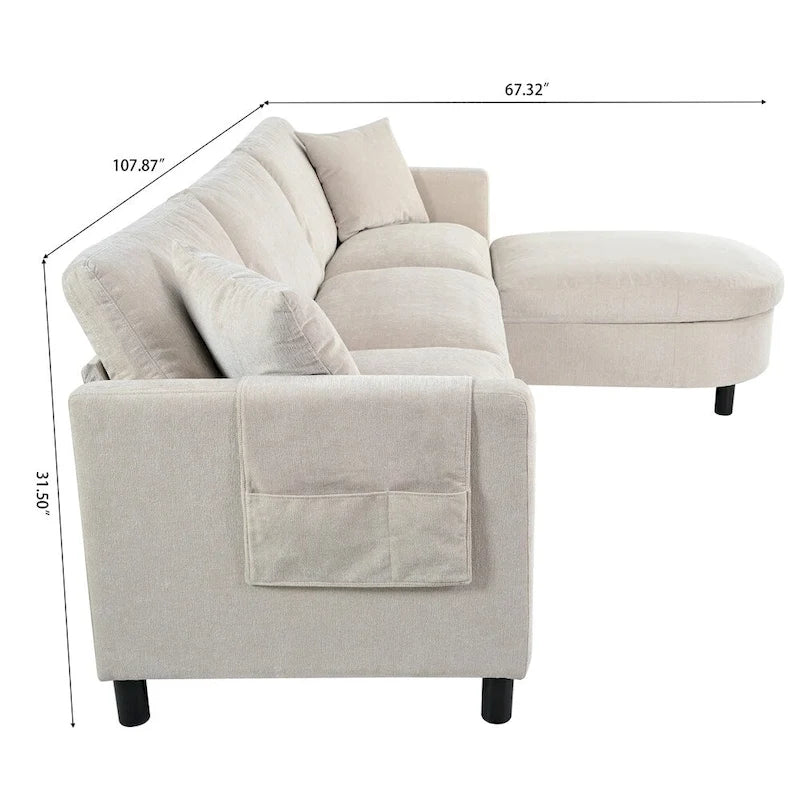 Canapé d'angle moderne en tissu 108 po avec ottoman et oreillers