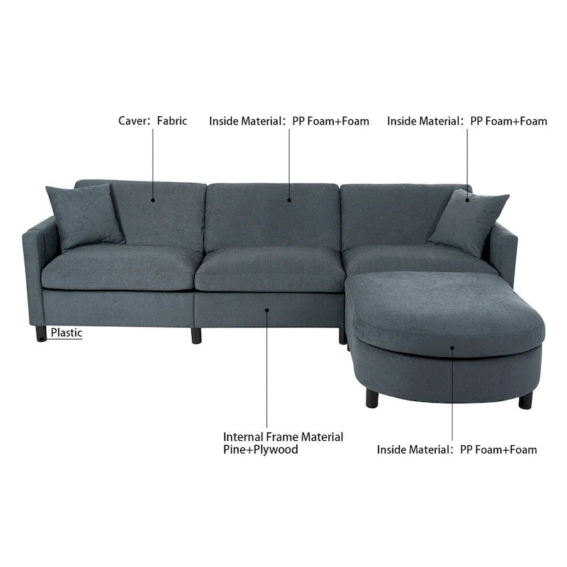Canapé d'angle moderne en tissu 108 po avec ottoman et oreillers