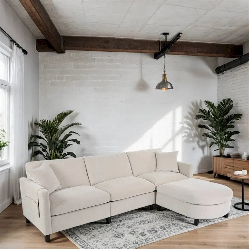 Canapé d'angle moderne en tissu 108 po avec ottoman et oreillers