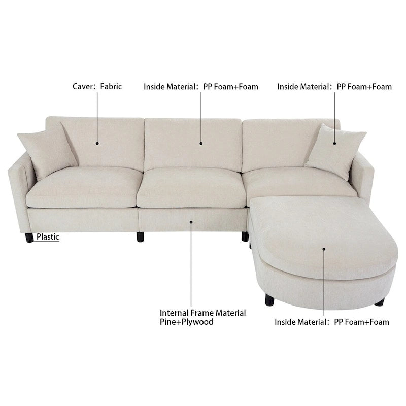 Canapé d'angle moderne en tissu 108 po avec ottoman et oreillers