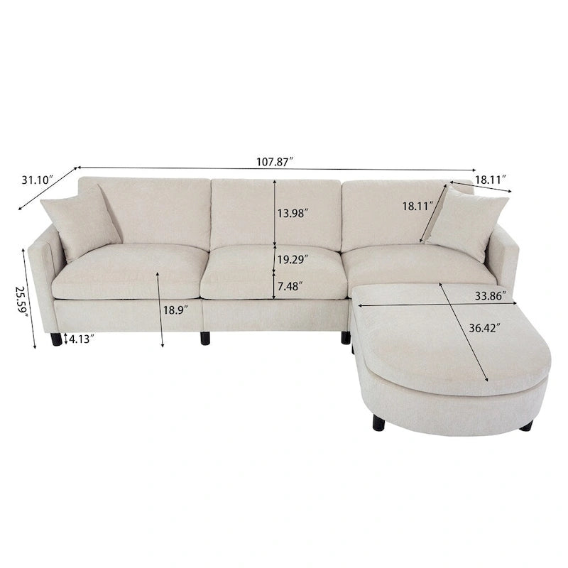 Canapé d'angle moderne en tissu 108 po avec ottoman et oreillers