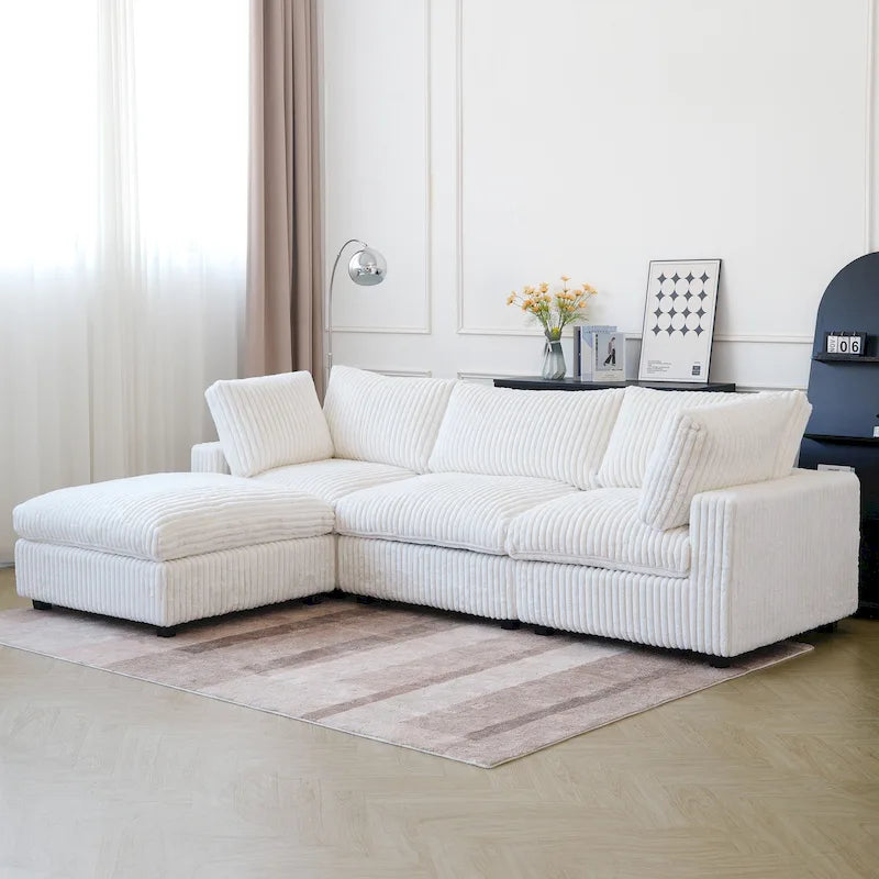 Canapé d'angle en tissu polyester, canapé sectionnel moderne avec pouf