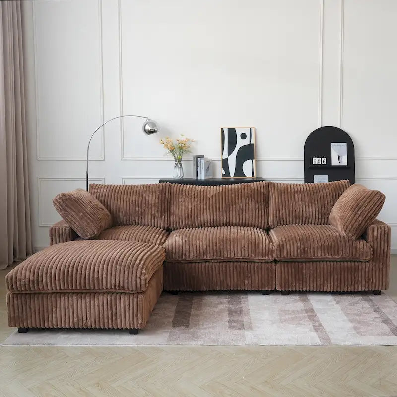 Canapé d'angle en tissu polyester, canapé sectionnel moderne avec pouf