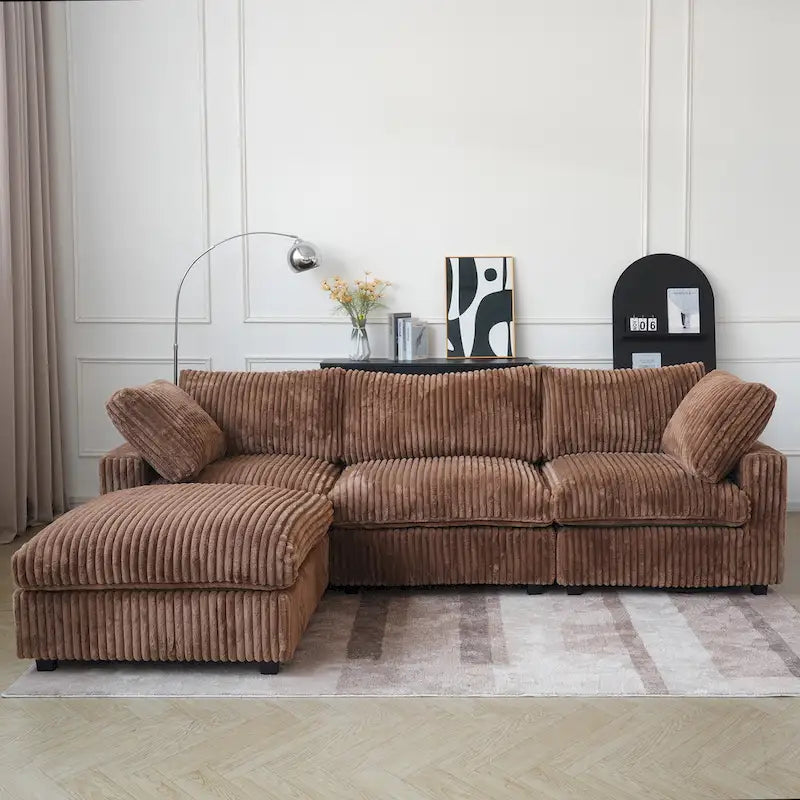 Canapé d'angle en tissu polyester, canapé sectionnel moderne avec pouf