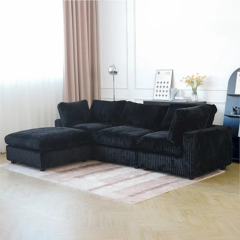 Canapé d'angle en tissu polyester, canapé sectionnel moderne avec pouf