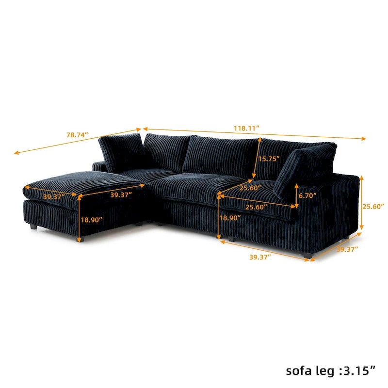 Canapé d'angle en tissu polyester, canapé sectionnel moderne avec pouf