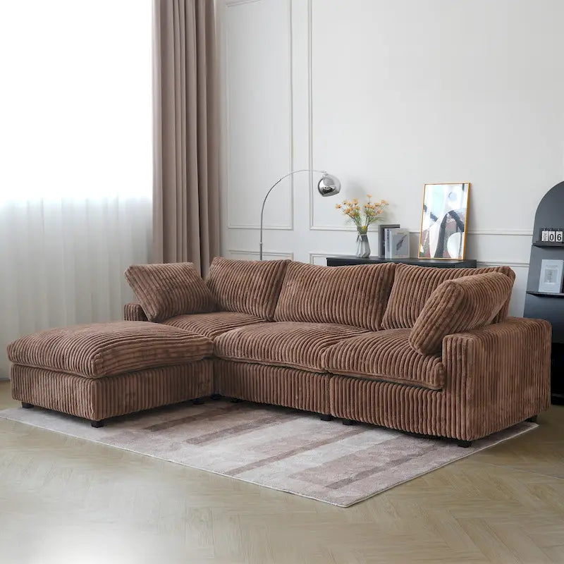 Canapé d'angle en tissu polyester, canapé sectionnel moderne avec pouf