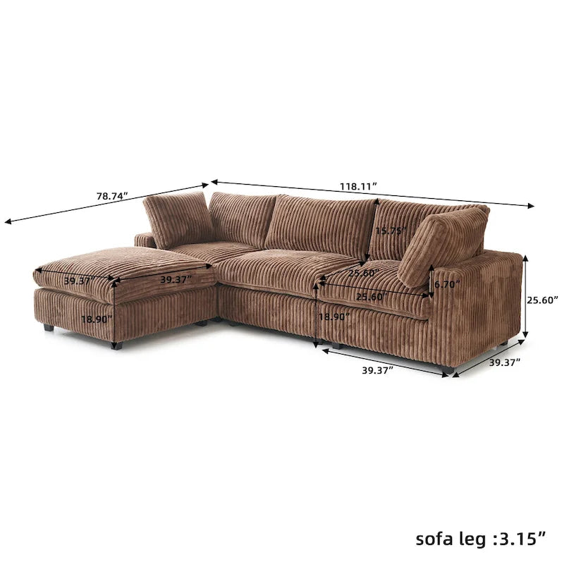Canapé d'angle en tissu polyester, canapé sectionnel moderne avec pouf