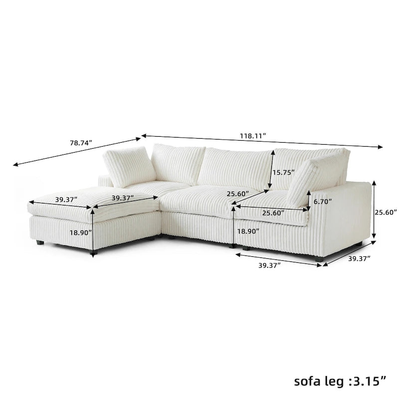 Canapé d'angle en tissu polyester, canapé sectionnel moderne avec pouf