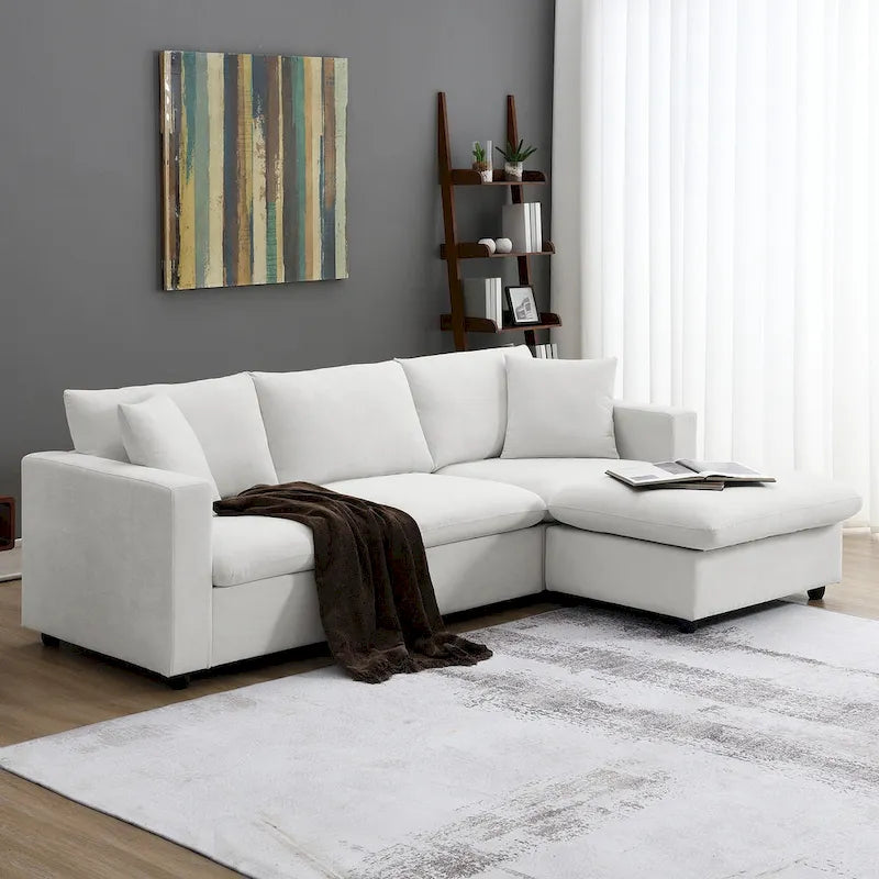 Canapé d'angle en tissu polyester, canapé sectionnel moderne avec pouf