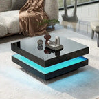 Table basse carrée à 2 niveaux, design minimaliste très brillant avec lumières LED, table basse de salon