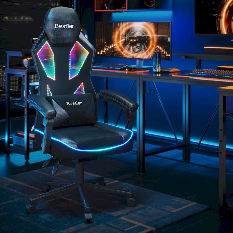 Chaise de jeu ergonomique avec lumières LED RGB, chaise d'ordinateur en tissu ventilé avec coussin à ressorts ensachés et accoudoirs articulés
