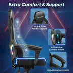 Chaise de jeu ergonomique avec lumières LED RGB, chaise d'ordinateur en tissu ventilé avec coussin à ressorts ensachés et accoudoirs articulés