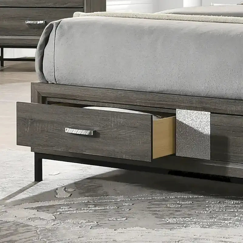 Lit plateforme Heinisk moderne gris avec rangements, tête de lit à chevrons et tiroirs au pied de lit