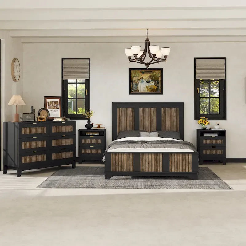 Collection de chambre à coucher 4 pièces, lit plateforme de ferme double avec décoration de bandes en bois, table de chevet et commode de rangement